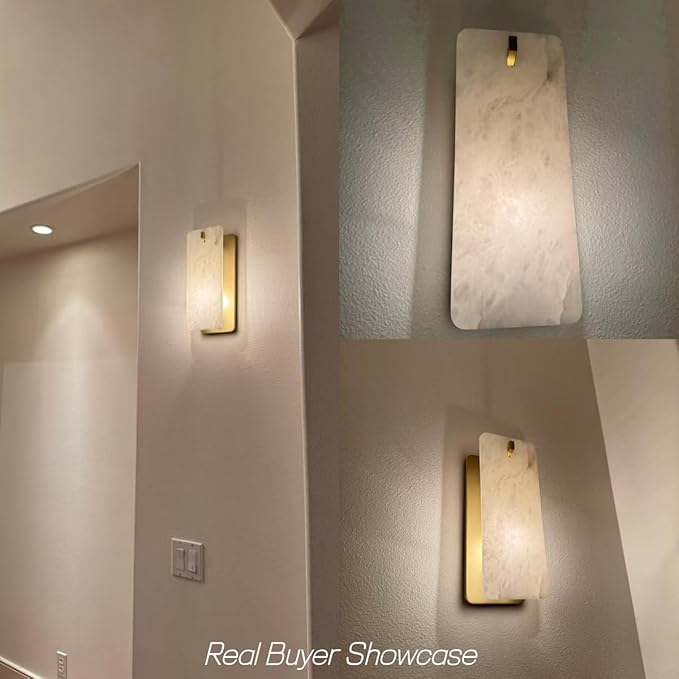Modern Rectangular Alabaster Wall Sconce 16 Inch, Natural Spanish Stone Vanity Light Fixture, Brass Gold Dimmable Hardwired E12, Luxury Sconces for Bathroom Mirror Bedroom Bedside Corridor Home Decor