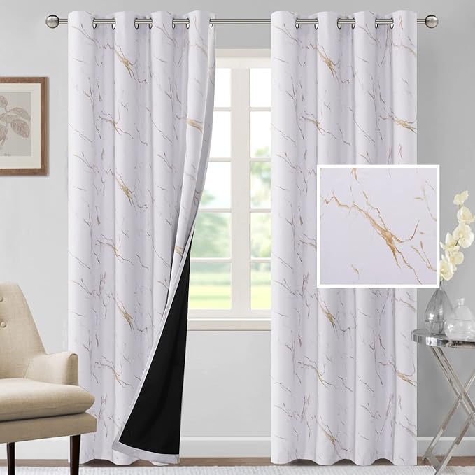 H.VERSAILTEX 100% Blackout Curtains 84 inch Length 2 Panels Set Marble Designs Printed Drapes Thermal Curtains for Bedroom with Black Liner Sound Proof Curtains, Gold