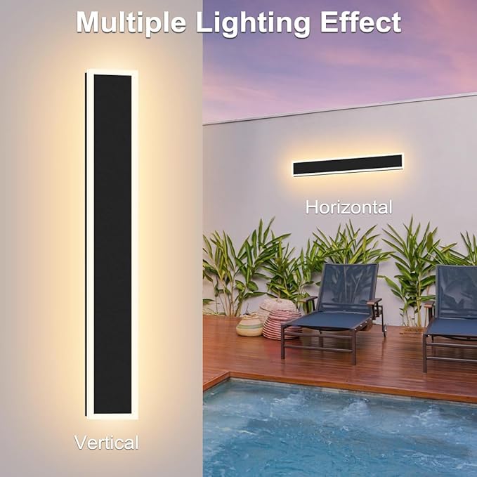 2-Pack 24IN Modern Outdoor Wall Light LED Long Wall Lighting Fixture IP65 Waterproof Wall Lamps, Dimmable 24W 2200LM Black Wall Sconce, 3000K/4000K/5000K Selectable, ETL