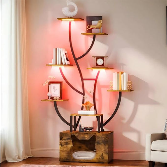 DWVO Tall Bookshelf with LED Light, Artistically Designed Tree Bookshelf with Cats Litter Box, 8-Tier Unique Bookshelves Corner Display Shelf for Home Office, Bedroom