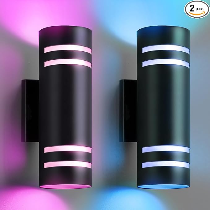 SHIMR Modern Outdoor Wall Lights Color Changing 2 Pack, RGBCW Smart Outdoor Lights Ambiance Sconce with Remote Control, Black Aluminum Exterior Lighting Fixtures Up and Down Lights [ETL Listed]