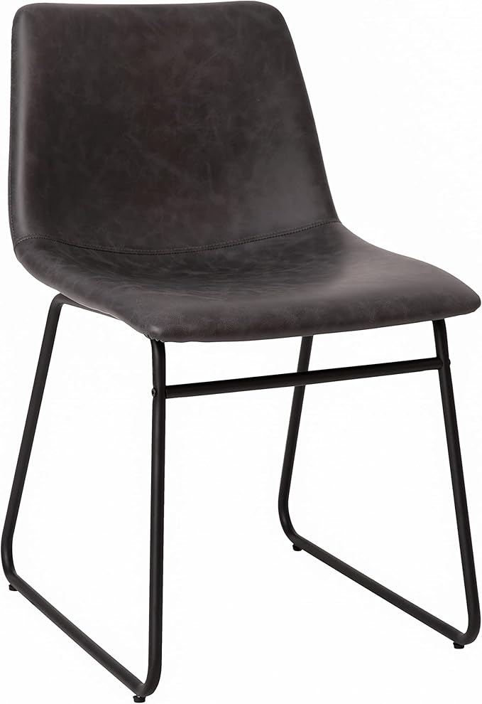 Taylor & Logan Butler 18 inch Dining Table Height Chair, Mid-Back Sled Base Dining Chair in Dark Gray Faux Leather with Black Frame, Set of 2