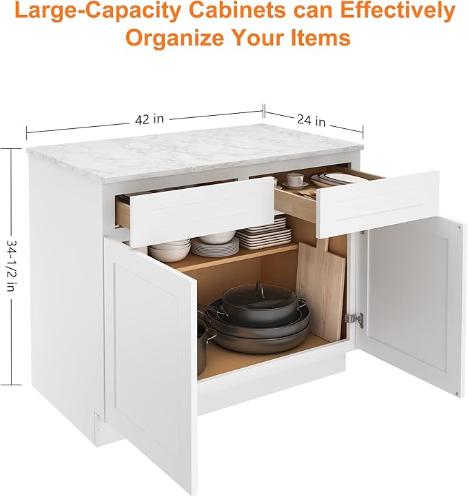 LOVMOR Kitchen Base Cabinets, Sideboard Storage Cabinet, Entryway Cabinet with 2-Drawers & Adjustable Shelf, 42" W X 24" D X 34-1/2"H