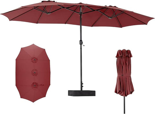 DUMOS 15FT Extra Large Patio Umbrella with Base Included, Rectangle Table Umbrella Outdoor Patio, 12 Sturdy Ribs Triple Head Canopy Outside Umbrellas for Deck, Backyard and Poolside,Wine Red