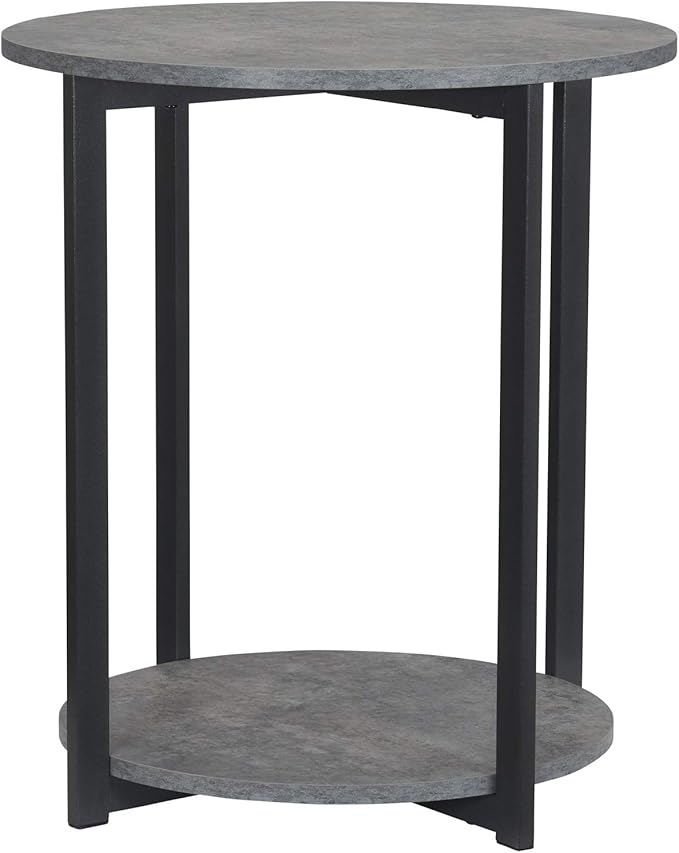 Household Essentials Jamestown Round Side End Table with Storage Shelf Rustic Slate Concrete and Black Metal