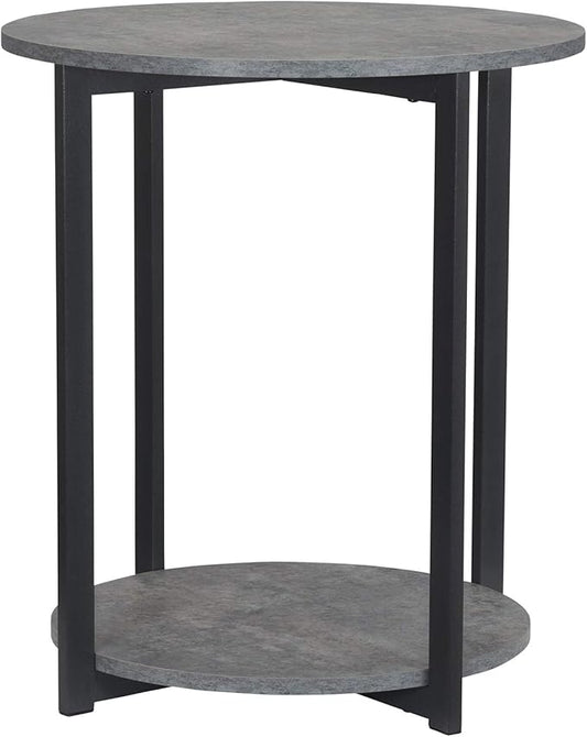 Household Essentials Jamestown Round Side End Table with Storage Shelf Rustic Slate Concrete and Black Metal