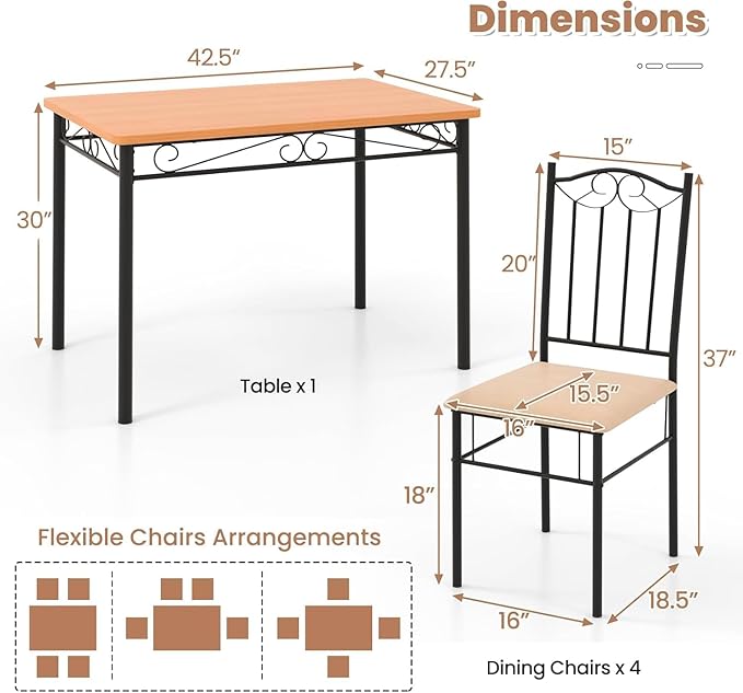 NAFORT 5-Piece Vintage Rectangular Table Set for 4, 4 Padded Chairs w/Metal Frame Wood Tabletop for Home Kitchen Dining Room Furniture Set for 4, Natural