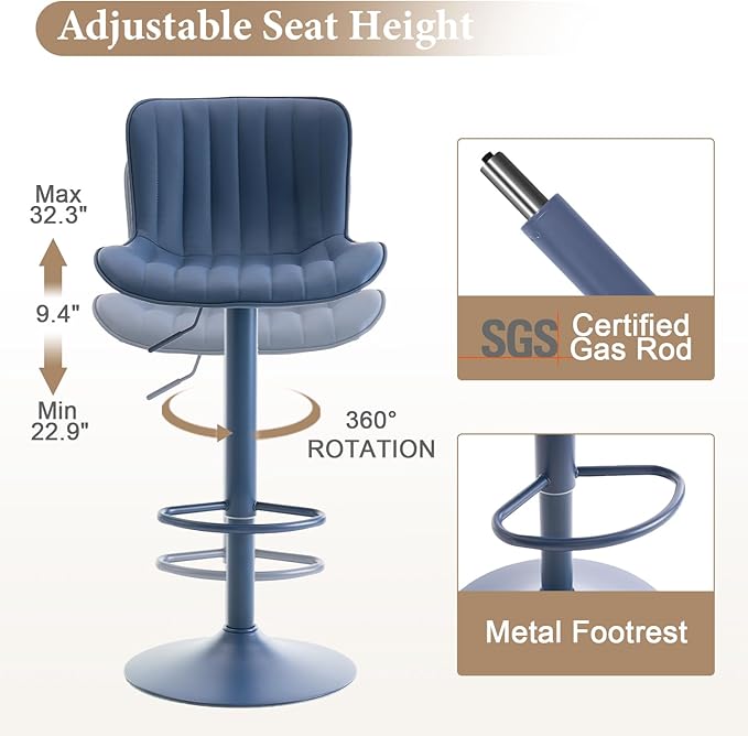 YOUNUOKE Bar Stools Set of 2, Counter Height Barstools for Kitchen Island, Modern Adjustable Swivel Blue Bar Chairs with Blue Legs