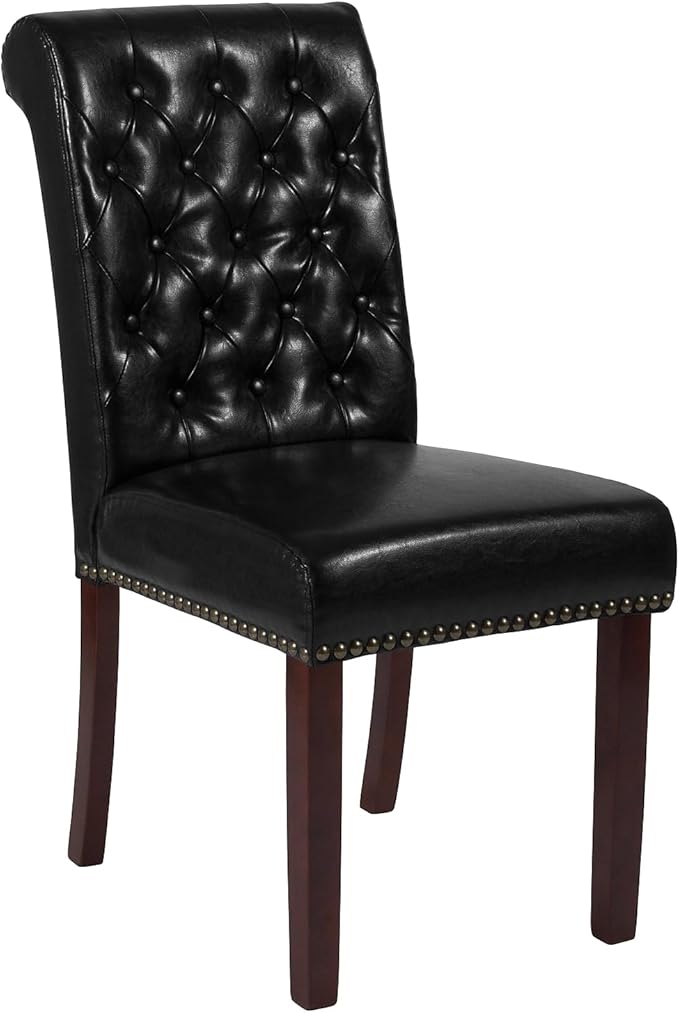 Flash Furniture HERCULES Series Black LeatherSoft Parsons Chair with Rolled Back, Accent Nail Trim and Walnut Finish