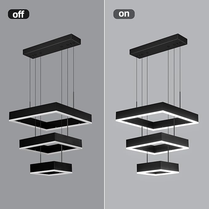 Modern LED Chandelier 3 Ring Dimmable Square Black Adjustable Pendant Ceiling Light Fixture for Foyer, Dining Room, Bedroom, Living Room