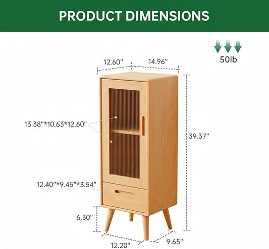 100% Solid Wood Living Room Cabinet, Narrow Storage Cabinet with Doors and Shelves, Kitchen Pantry Storage Cabinet for Kitchen, Home Office(12.6" D x 14.9" W x 39.3" H, Natural)