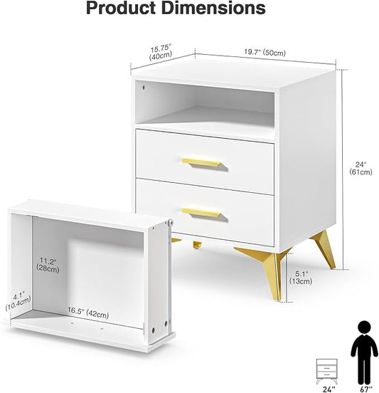 Giluta White Night Stand with 2 Drawers,15.75" D x 19.7" W x 24" H Modern Nightstand for Bedroom, Bedside Table Organizer with Storage