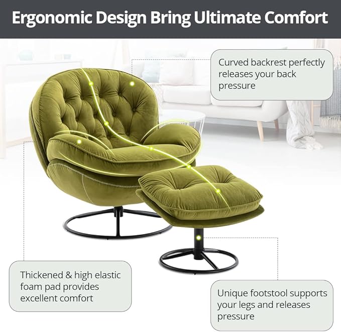Velvet Swivel Accent Chair with Ottoman Set, Modern Lounge Chair with Metal Base Frame & Footrest, Comfy Single Leisure Sofa Chair Reading Chair with 360 Degree Swiveling for Living Room, Fruit Green