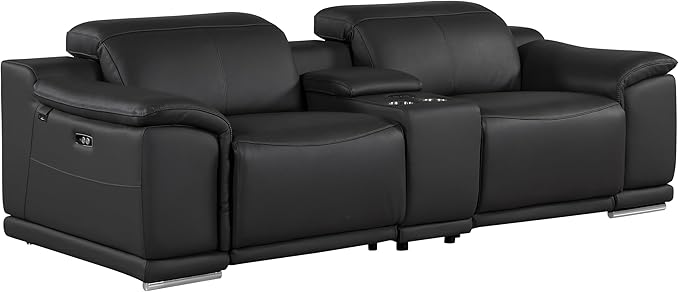 Blackjack Furniture Venice Top Grain Italian Leather Recliner 7 Seater 5 Power Reclining 3 Piece Sofa Set with Adjustable Headrests Modern Seating Sofa, Loveseat and Chair for Living Room , Black