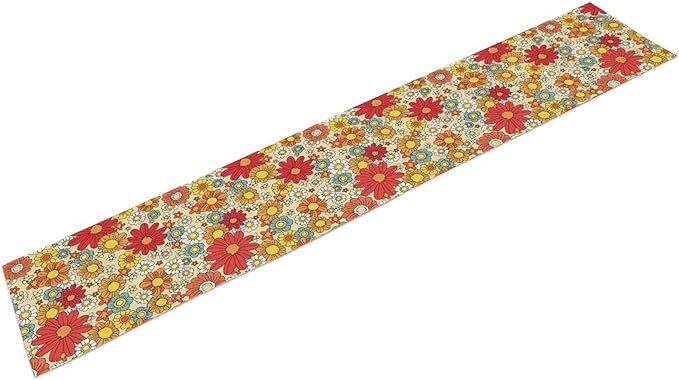Hippie Floral Table Runner Groovy 1970s Vintage Colorful Rural Flower Retro Floral Printed Table Runner for Living Room Kitchen Dining Table Decoration 13x70in