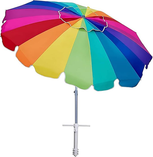 AMMSUN 7.5ft Large Heavy Duty HIGH Wind Beach Umbrella with sand anchor & Tilt Sun Shelter, UPF 50+ Protection Outdoor Umbrellas Sunshade with Carry Bag for Patio Garden Pool Backyard Rainbow