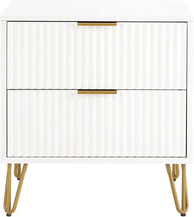 Manhattan Comfort Dumbo Fluted Nightstand with 2 Drawers, Gold Metal Legs and Metal Handles, Snap Tool-Free Assembly, Modern Bedside Accent Table with Storage for Bedroom, Living Room, Office in White