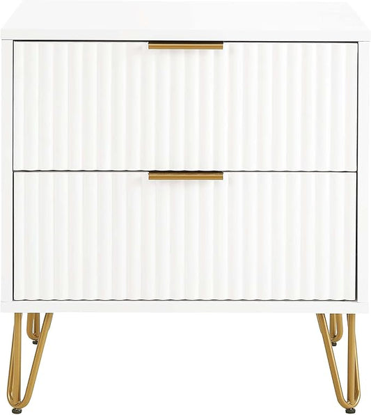 Manhattan Comfort Dumbo Fluted Nightstand with 2 Drawers, Gold Metal Legs and Metal Handles, Snap Tool-Free Assembly, Modern Bedside Accent Table with Storage for Bedroom, Living Room, Office in White