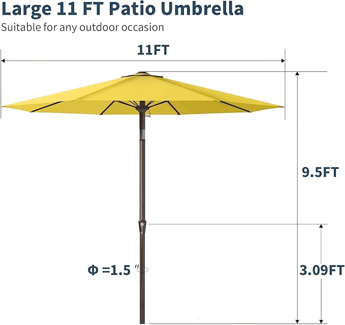 PatioKingdom 11FT Patio Umbrella,Outdoor Umbrella with Push Button Tilt and Crank,Market Table Umbrella with 8 Sturdy Fiberglass Ribs UV Protection