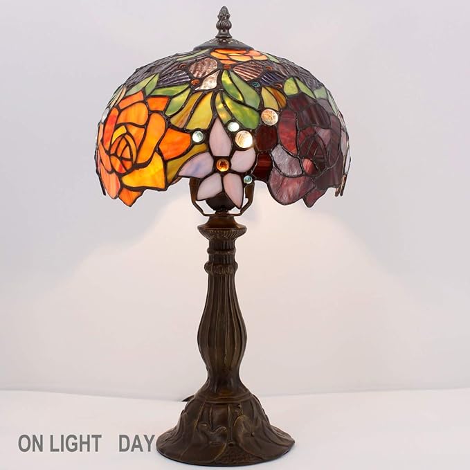 WERFACTORY Tiffany Style Table Lamp Stained Glass Bedside Lamp Red Rose Desk Reading Light 10X10X18 Inches Decor Bedroom Living Room Home Office S001 Series