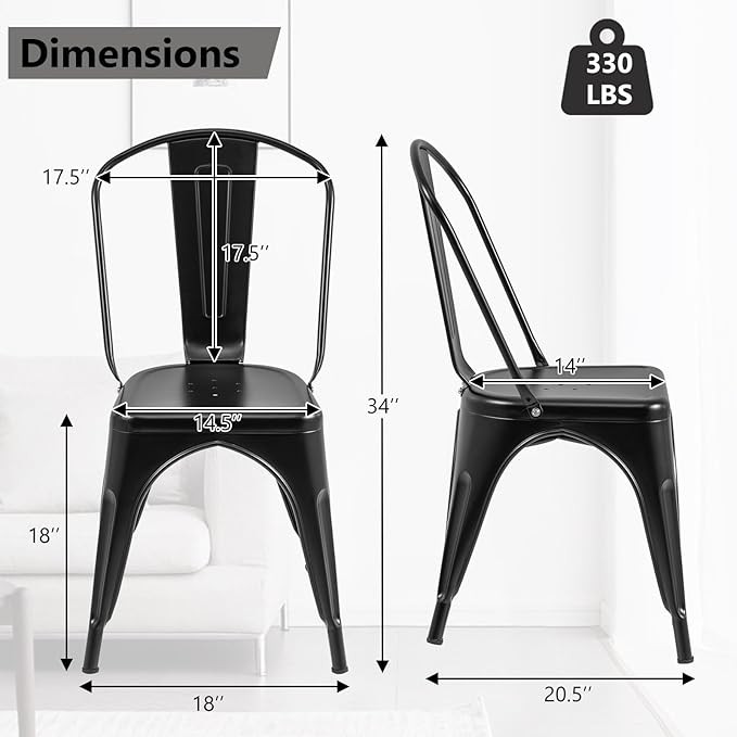 COSTWAY 18 Inch Dining Chair Set of 4, Industrial Vintage Stackable Metal Chairs, Armless Counter Bar Chairs with High Backrest for Home, Kitchen and Cafe Bar Use
