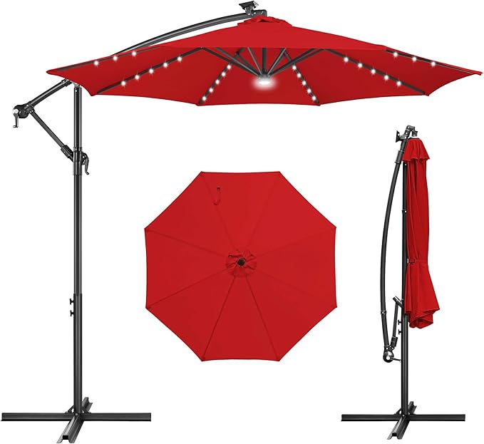 FLAME&SHADE 10ft Solar Cantilever Umbrella with 40 LED Lights, Lighted Large Offset Outdoor Patio Umbrellas, 8 Sturdy Ribs, UPF50+ UV Protection for Pool Deck Garden Yard, Red