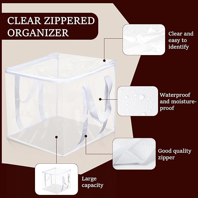 12 Pcs Clear Storage Bags With Zipper 12 × 12 × 12 inch PVC Clear Clothes Storage Bags with Reinforced Handles Moving Bag with Zippers for Clothes, quilts, shoes, blankets (12)