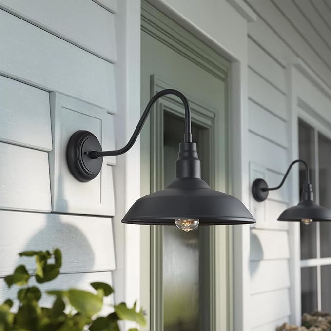 14 Inch Outdoor Gooseneck Light Fixture for Porch, 2 Pack Large Exterior Barn Lights for Farmhouse, Black Outside Wall Sconce for Porch Patio Garage