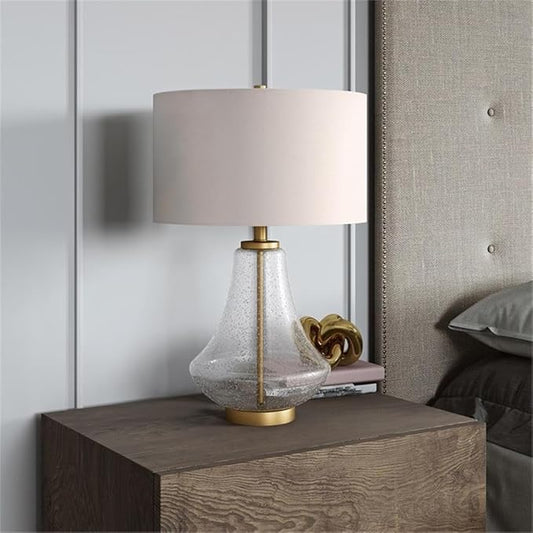 Lagos 23" Tall Table Lamp with Fabric Shade in Seeded Glass/Brushed Brass/White