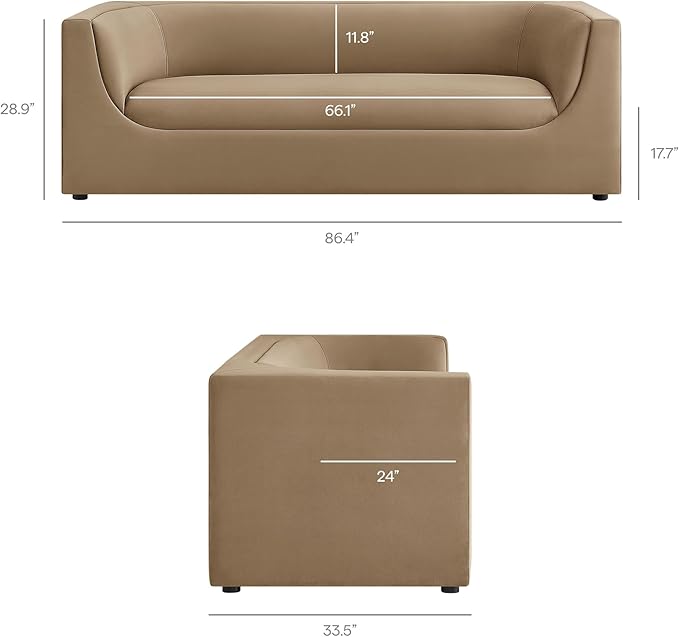 Modway Hilda 86 Inch Modern Curved Back Performance Velvet Sofa in Taupe – Plush Upholstered 3-Seat Couch for Living Room, Apartment, Office