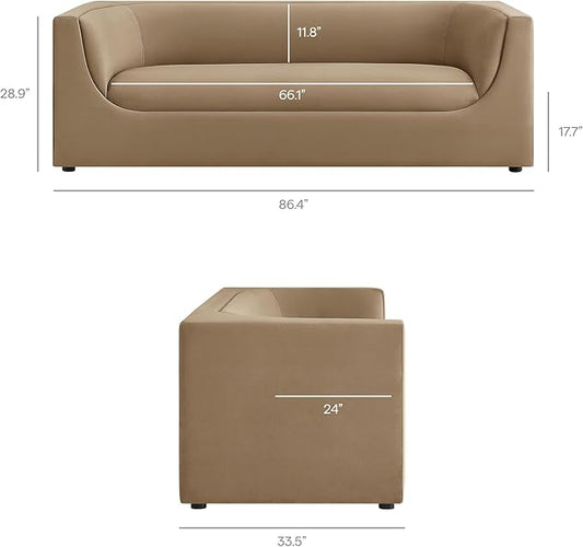 Modway Hilda 86 Inch Modern Curved Back Performance Velvet Sofa in Taupe – Plush Upholstered 3-Seat Couch for Living Room, Apartment, Office
