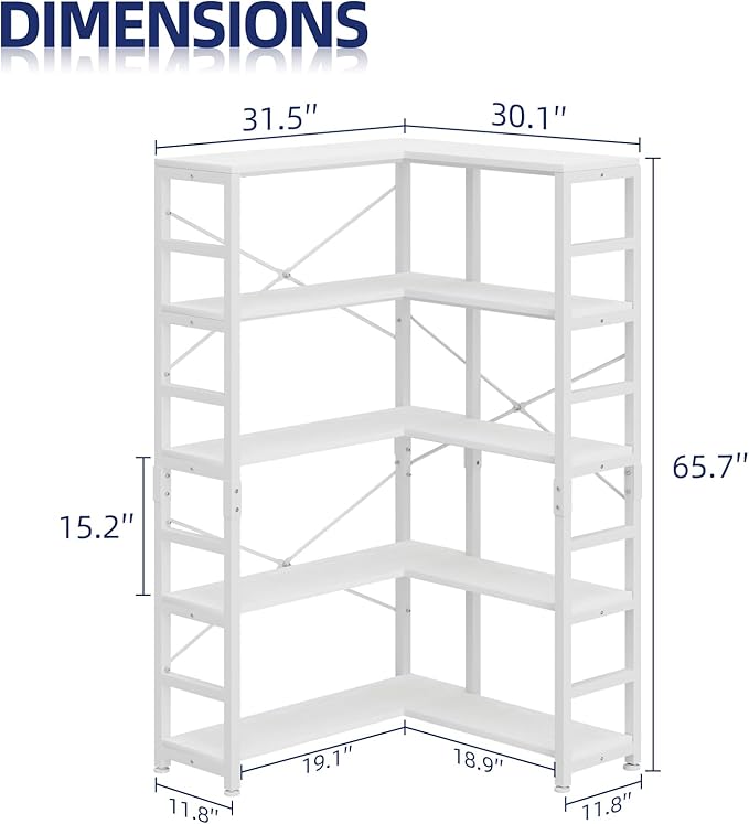 NUMENN 5 Tier Corner Bookshelf, Modern Corner Bookcase, Large Open Shelf Bookcase, Tall Bookshelves Storage Display Rack for Bedroom, Living Room and Home Office, White