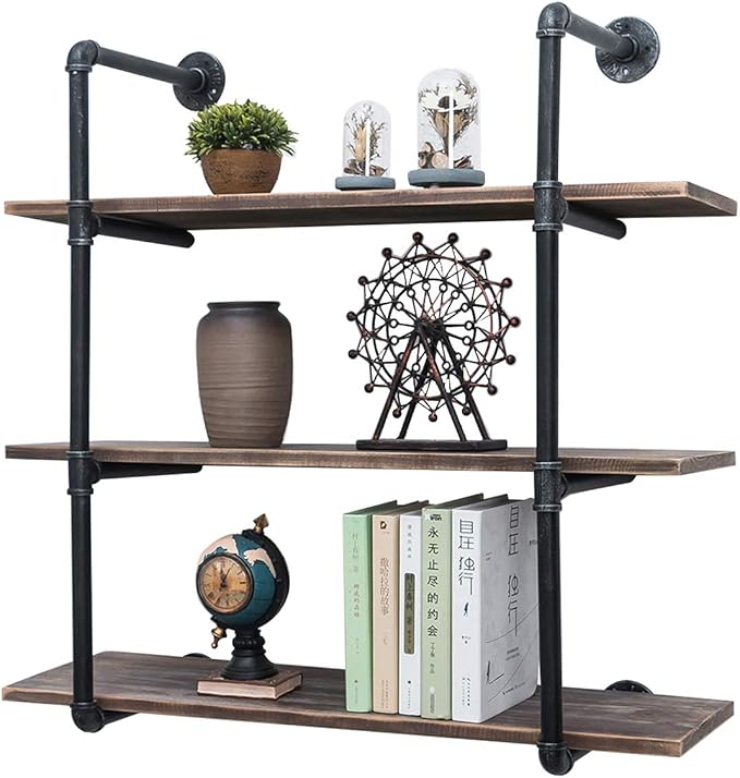 Industrial Pipe Shelving Wall Mounted,36in Rustic Metal Floating Shelves,Steampunk Real Wood Book Shelves,Wall Shelf Unit Bookshelf Hanging Wall Shelves,Farmhouse Kitchen Bar Shelving(3 Tier)