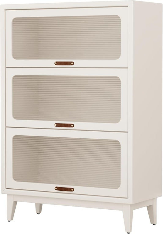 AQIMUELE Solid Wood Storage Cabinet with Glass Doors, 3 Shelf Small Storage Cabinet, Mid Century Modern Bookcase, Kitchen Pantry Cabinet (White, 31.5" W)