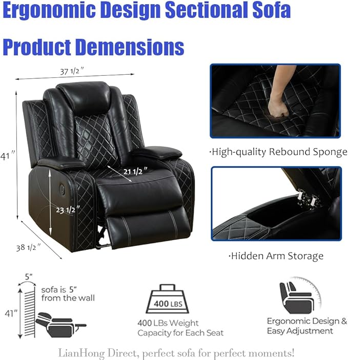 Power Sectional Sofa with LED, Power Recliner Sofa Couch Set for Living Room, Black Breathing Leather Sectional Couch, Loveseat and 2 Chair Sets with USB, Cup Holders, Storage for Home/Office