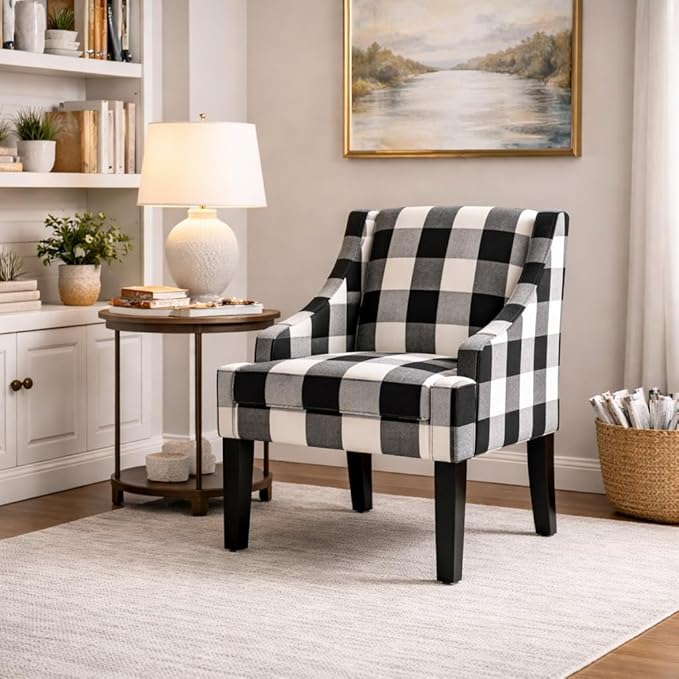 Homepop Home Decor | Upholstered Swoop Arm Accent Chair | Accent Chairs for Living Room & Bedroom | Decorative Home Furniture, Black Plaid