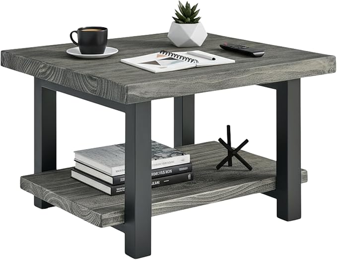 Alaterre Furniture Pomona Living Room Collection – 27 Inch Square Solid Wood Coffee Table with Metal Legs – Modern Rustic Industrial Small Space Table (Slate Grey)