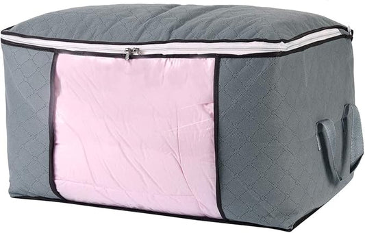 combocube Comforter Storage Bag, Zippered Bag with Large Clear Window and Carry Handles, Space Saver Organizers for Closet, Blanket, Pillow, Quilt, Bedding, Clothes (4Pcs Grey Large)