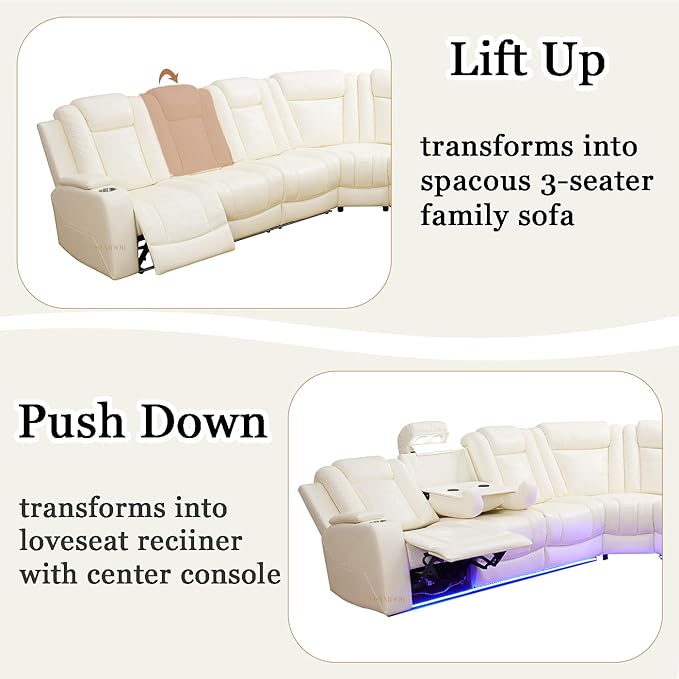 Power Recliner Sofa Sectional Couch with LED Light for Living Room, Cream White Leather Reclining Corner Sectional Sofa with 4 Recliner Seats,Cup Holder,Storage Console for House/Home