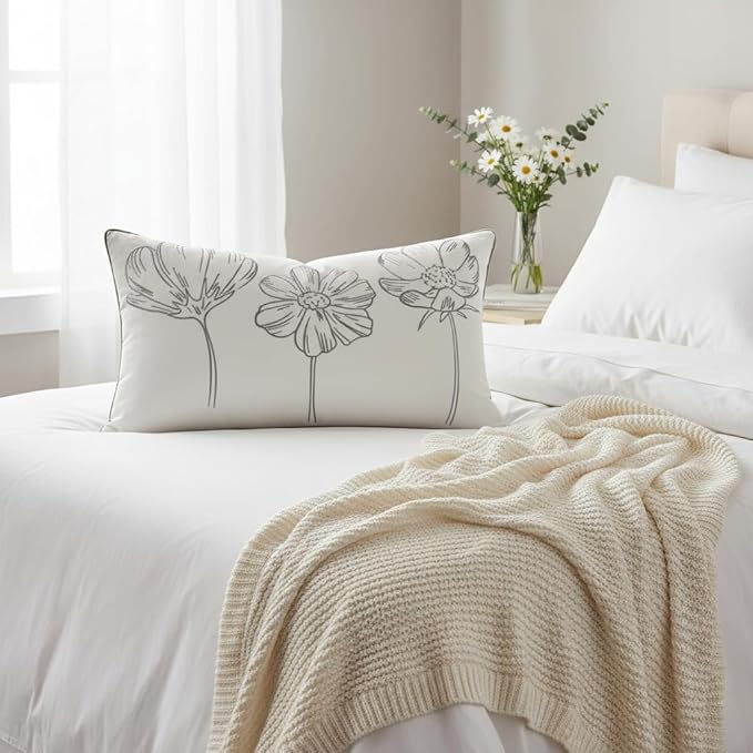 Sunkifover Decorative Floral Lumbar Pillow Cover 12x20 Inch Grey and White Cotton Embroidery Flower Throw Pillowcase Cushion Cover for Bed Bedroom, Living Room, Sofa