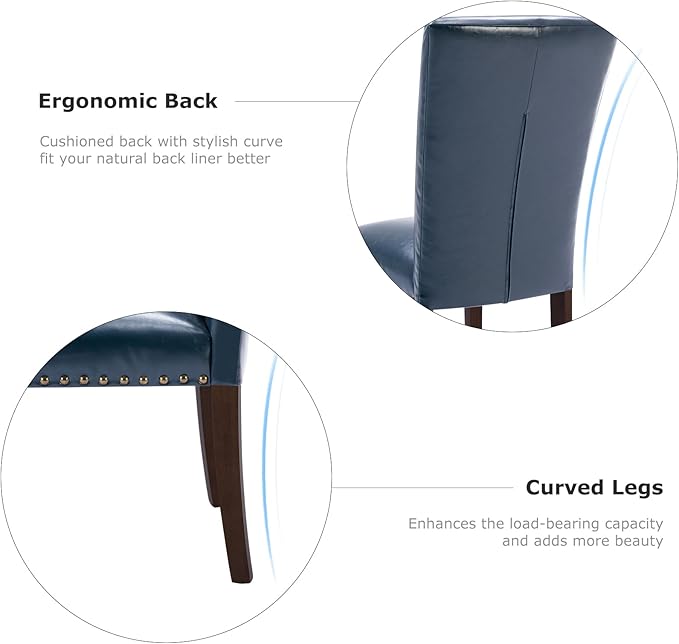 COLAMY Upholstered Parsons Dining Chairs Set of 4, PU Leather Dining Room Kitchen Side Chair with Nailhead Trim and Wood Legs - Blue
