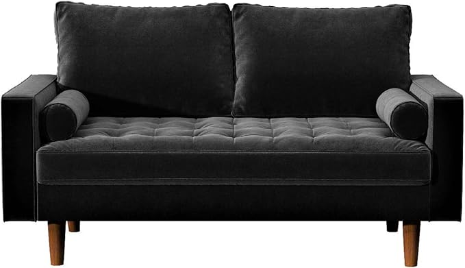 Container Furniture Direct Womble 58 Inch Velvet Loveseat Sofa with Elegant Button Tufted Upholstery, Square Arms, Splayed Wood Legs, Includes Matching Bolster Pillows, Midnight