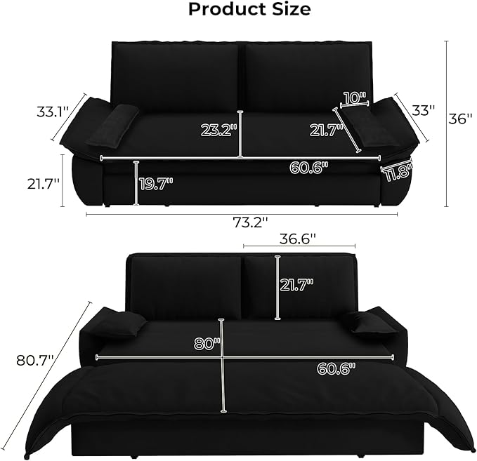 Yafylly Queen 3 in 1 Convertible Sleeper Couch, Full Size Velvet Loveseat Pull Out Sofa Bed, Futon Lounge Chair with Pillows for Living Room, Bedroom, Apartment, Office,Black