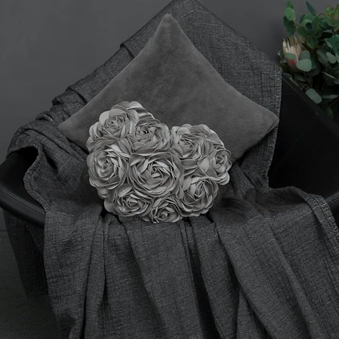 JWH Heart Flower Throw Pillow Covers Decorative Floral Shaped Accent Cushion Soft Pillowcase for Sofa Couch Living Room Bed Chair 14x16 Inches Gray
