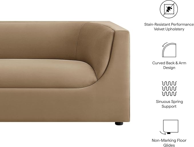 Modway Hilda 86 Inch Modern Curved Back Performance Velvet Sofa in Taupe – Plush Upholstered 3-Seat Couch for Living Room, Apartment, Office