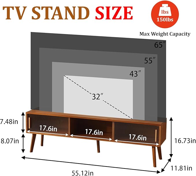 Bamboo TV Stand Entertainment Center tv Console, Mid-Century Modern Television Stand for 55-65 inch TVs, Wood TV Stand with Storage, Tv Stands for Living Room, Bedroom and Home Decor, Brown