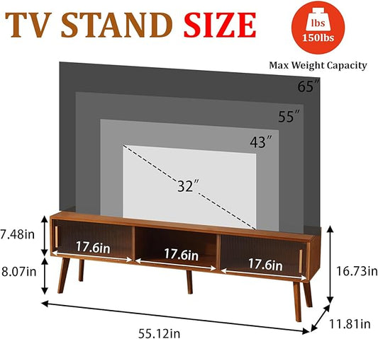 Bamboo TV Stand Entertainment Center tv Console, Mid-Century Modern Television Stand for 55-65 inch TVs, Wood TV Stand with Storage, Tv Stands for Living Room, Bedroom and Home Decor, Brown