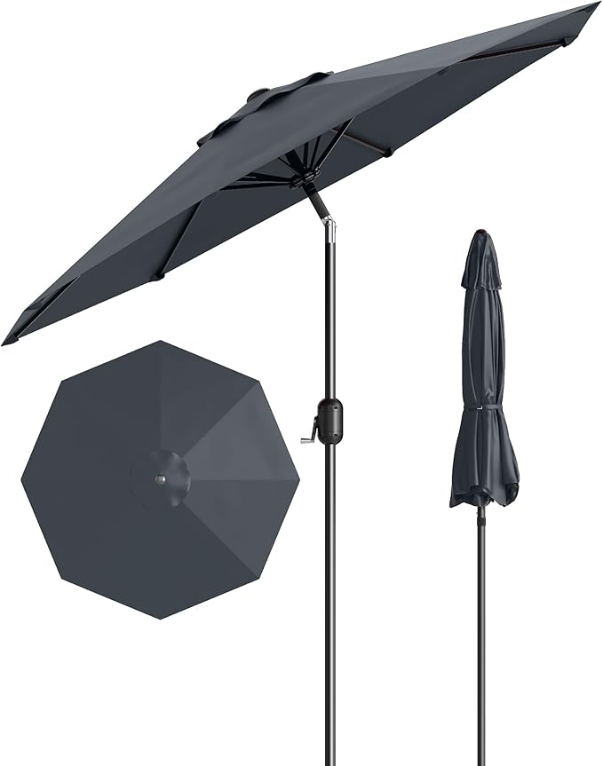 GarveeLife 10 ft Patio Umbrella, Outdoor Table Market Umbrella with Push Button Tilt and Crank, 8 Sturdy Ribs UV Protection Waterproof for Garden, Deck, Backyard, Pool (Grey)