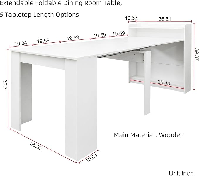 KEIKI 30”-99”L Extendable Foldable Dining Room Table with Storage for 1-10 People, Wood Modern Rustic Rectangle Expandable Kitchen Living Meeting Room Furniture, 5 Tabletop Length Options, White