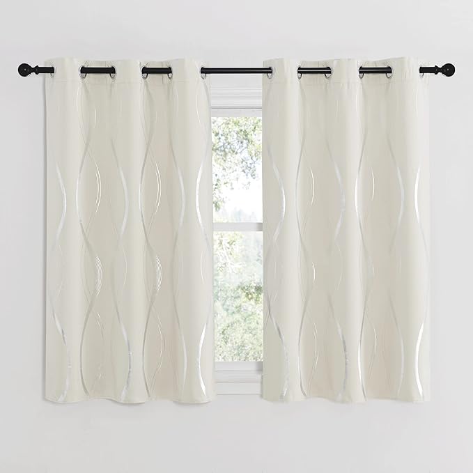 NICETOWN Bedroom Curtains Small Blackout Panels, Beige, Set of 2, 42 by 48 Inch, Window Treatment Thermal Insulated Solid Grommet Blackout Wave Line Foil Print Design Curtains for Kitchen, Cafe, Loft